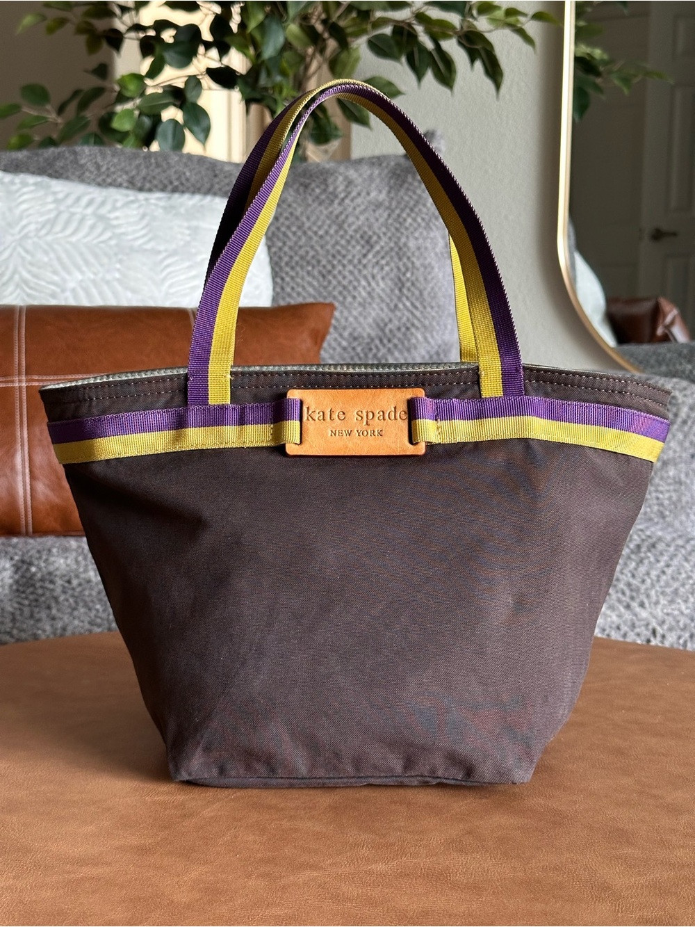 Kate Spade Foldable Nylon Tote Brown Purple Yellow Y2K
